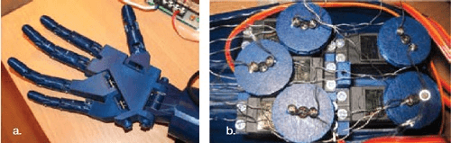 FIGURA 10a si 10b. Prehensor antropomorf cu cinci degete: varianta constructivă(a) și blocul motoarelor pas cu pas(b).