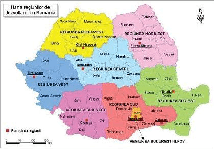 Harta regiunilor de dezvoltare din Romania
